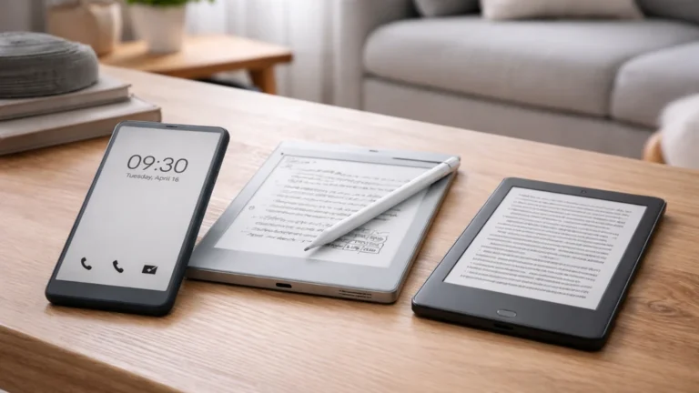 smartphone minimaliste, tablette de notes et liseuse posés sur une table en bois dans un intérieur lumineux au style épuré