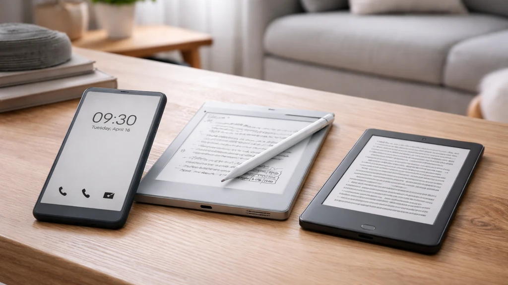 smartphone minimaliste, tablette de notes et liseuse posés sur une table en bois dans un intérieur lumineux au style épuré