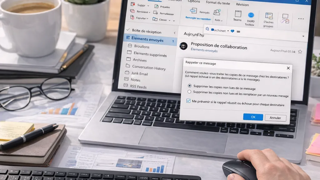 ordinateur portable affichant la fonction de rappel d’un message Outlook sur un bureau moderne avec souris, clavier, carnet et tasse de café