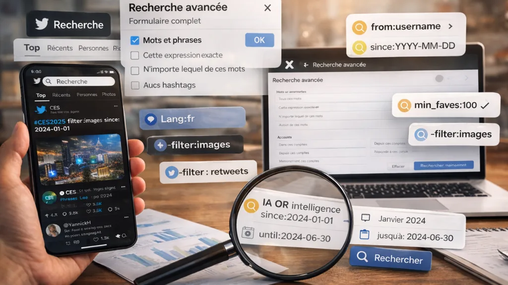 Personne utilisant un smartphone et un ordinateur portable pour effectuer une recherche sur le réseau social X (anciennement Twitter) dans un environnement de bureau.