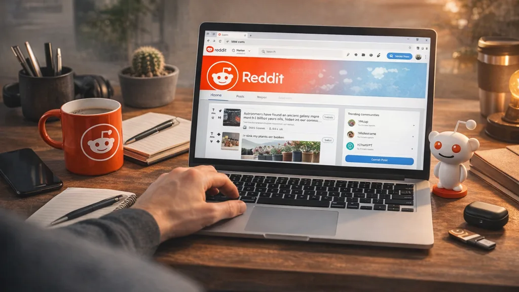 Personne naviguant sur Reddit depuis un ordinateur portable dans un bureau, consultant des discussions et publications d’une communauté en ligne.