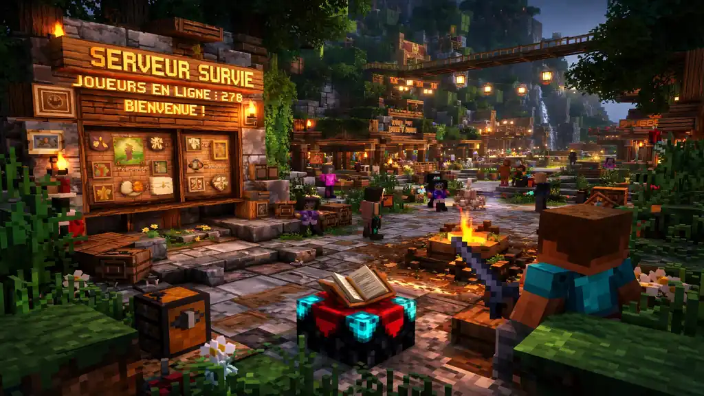 Place centrale d’un serveur Minecraft actif avec joueurs, feu de camp et village illuminé en soirée