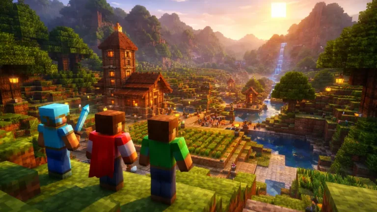 Joueurs observant un serveur Minecraft actif avec village animé, rivière et montagnes au coucher du soleil