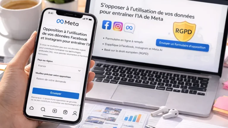 smartphone affichant un formulaire d’opposition à l’utilisation des données par Meta à côté d’un ordinateur portable dans un bureau moderne et lumineux