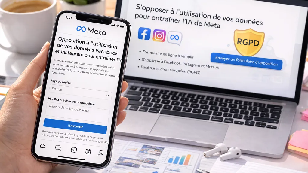 smartphone affichant un formulaire d’opposition à l’utilisation des données par Meta à côté d’un ordinateur portable dans un bureau moderne et lumineux