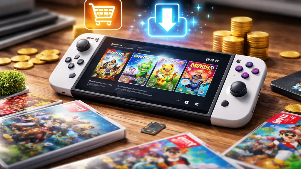 console de jeu portable posée sur une table avec jeux physiques autour, illustrant la différence entre achat numérique et version boîte dans un style réaliste et lumineux
