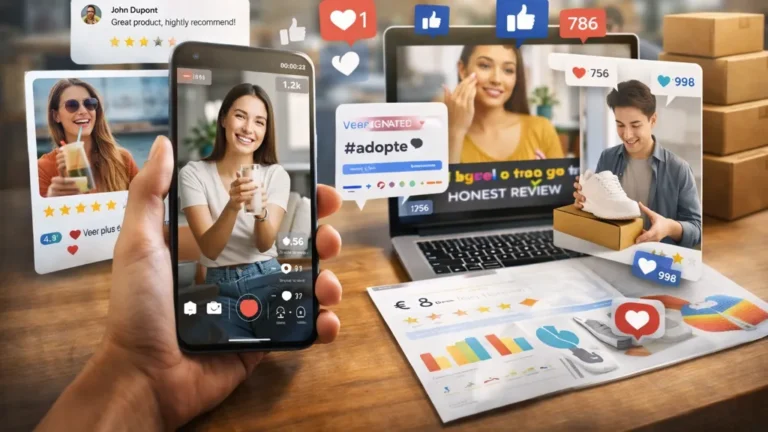 Création de contenu UGC pour une marque avec smartphone filmant un témoignage produit, avis clients et publications sur réseaux sociaux utilisées en marketing digital.