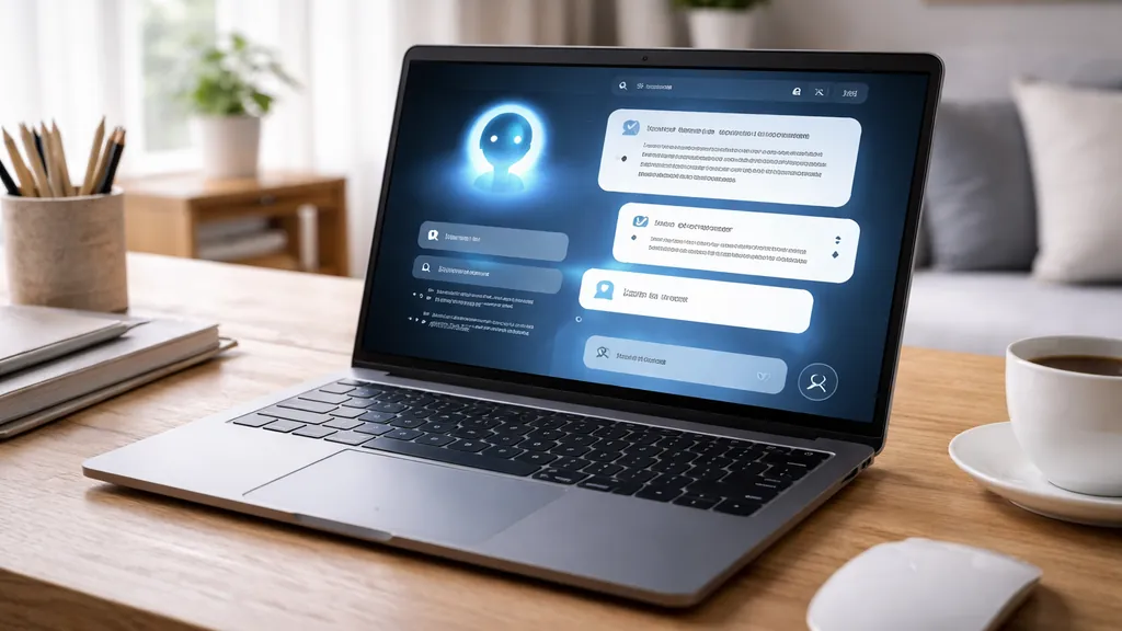 ordinateur portable sur un bureau en bois affichant une interface d’assistant IA dans un intérieur lumineux au style réaliste et moderne