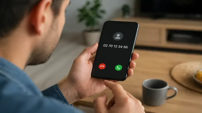 Homme recevant un appel inconnu en 02 70 sur son smartphone dans son salon