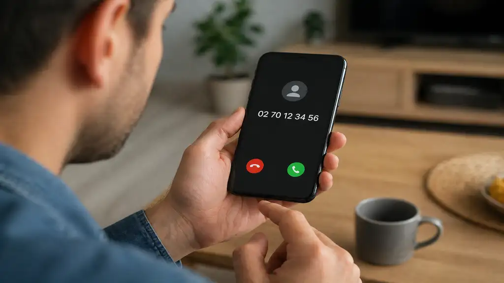 Homme recevant un appel inconnu en 02 70 sur son smartphone dans son salon