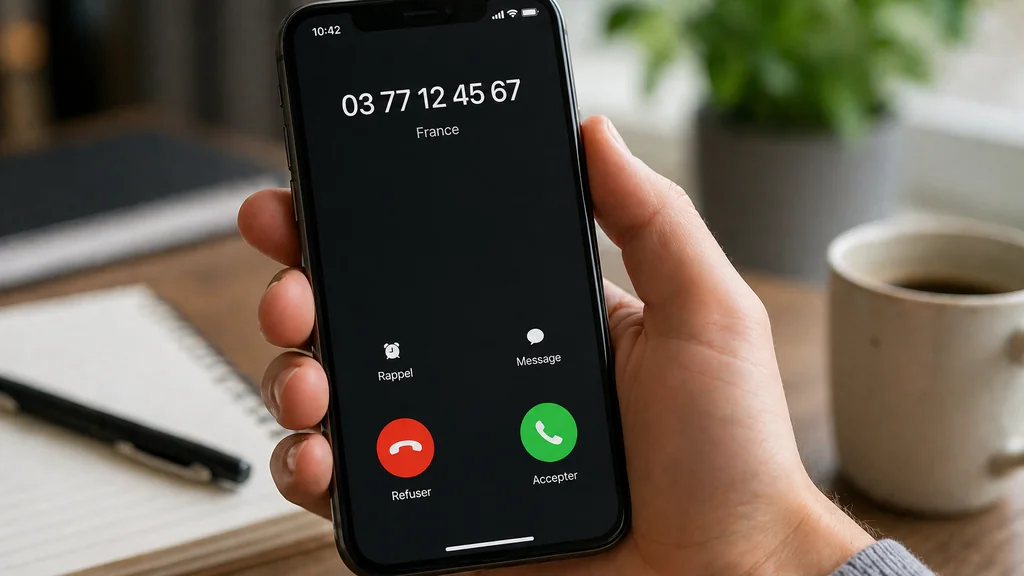 Main tenant un smartphone affichant un appel entrant inconnu commençant par 03 77 dans un environnement de bureau lumineux.