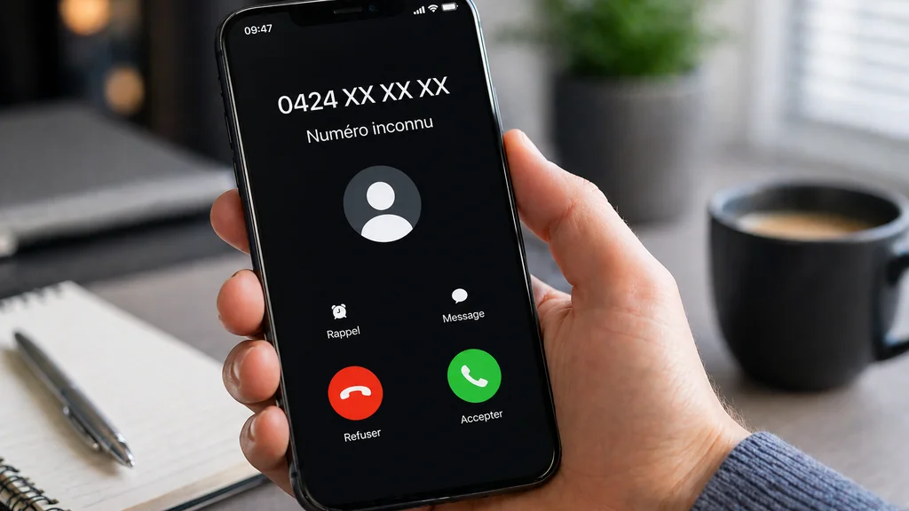 Main tenant un smartphone affichant un appel entrant inconnu commençant par 0424 dans un bureau lumineux avec carnet et tasse en arrière-plan.