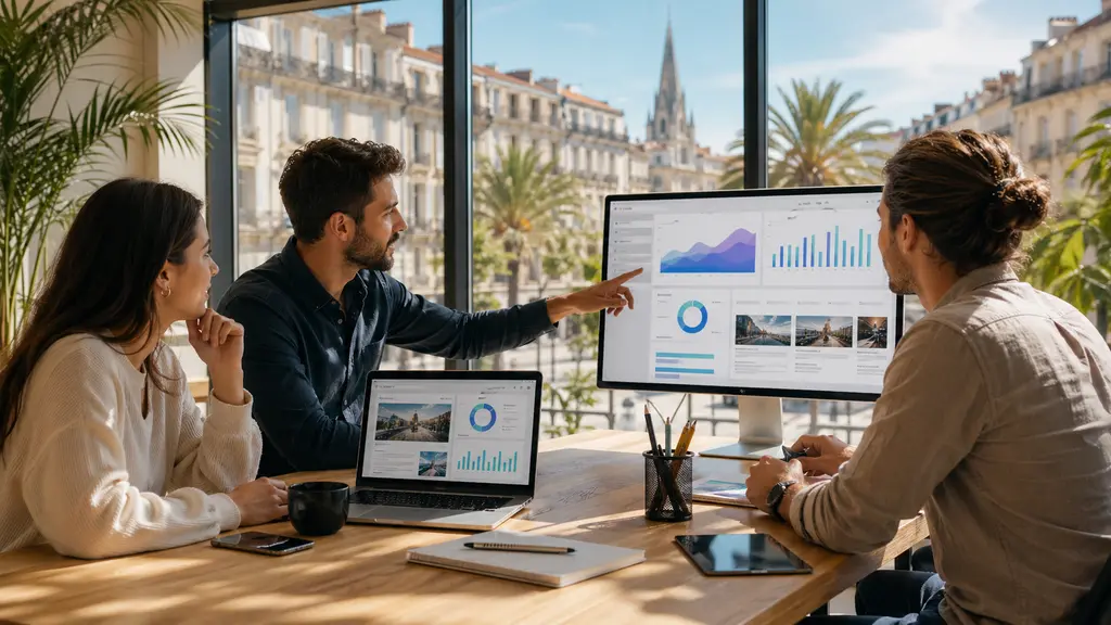 Réunion professionnelle dans une agence digitale à Montpellier avec analyse de données marketing et stratégie web.