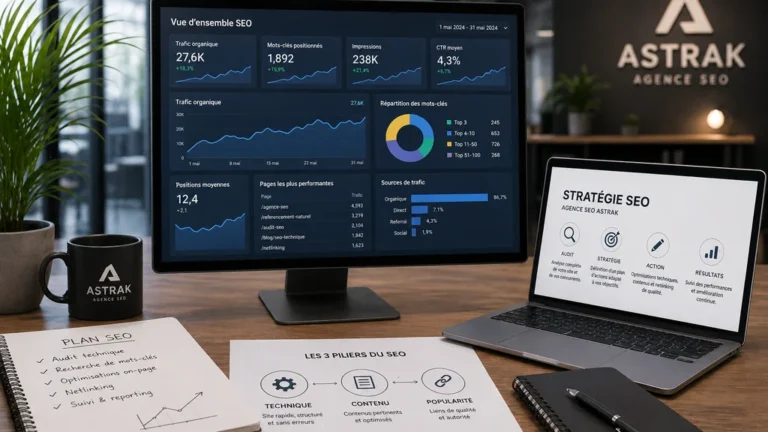 Espace de travail moderne avec tableau de bord SEO, ordinateur et documents d’analyse pour une stratégie de référencement naturel