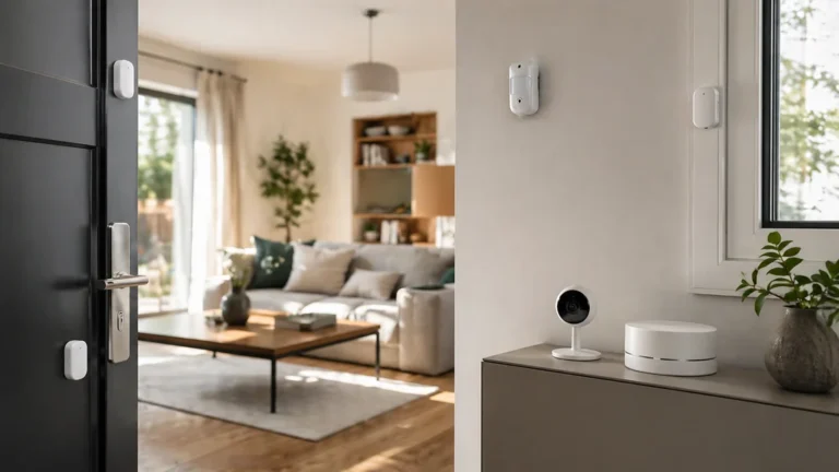 Alarme maison Qiara installée dans un intérieur moderne avec capteurs connectés et caméra de surveillance discrète