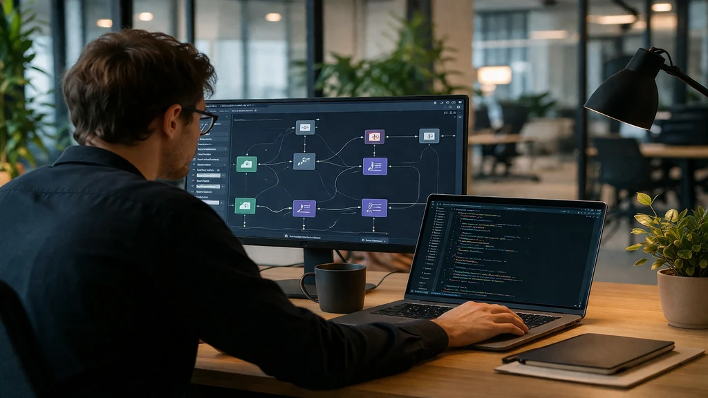 Homme travaillant sur des workflows d’intelligence artificielle sur plusieurs écrans dans un bureau moderne.
