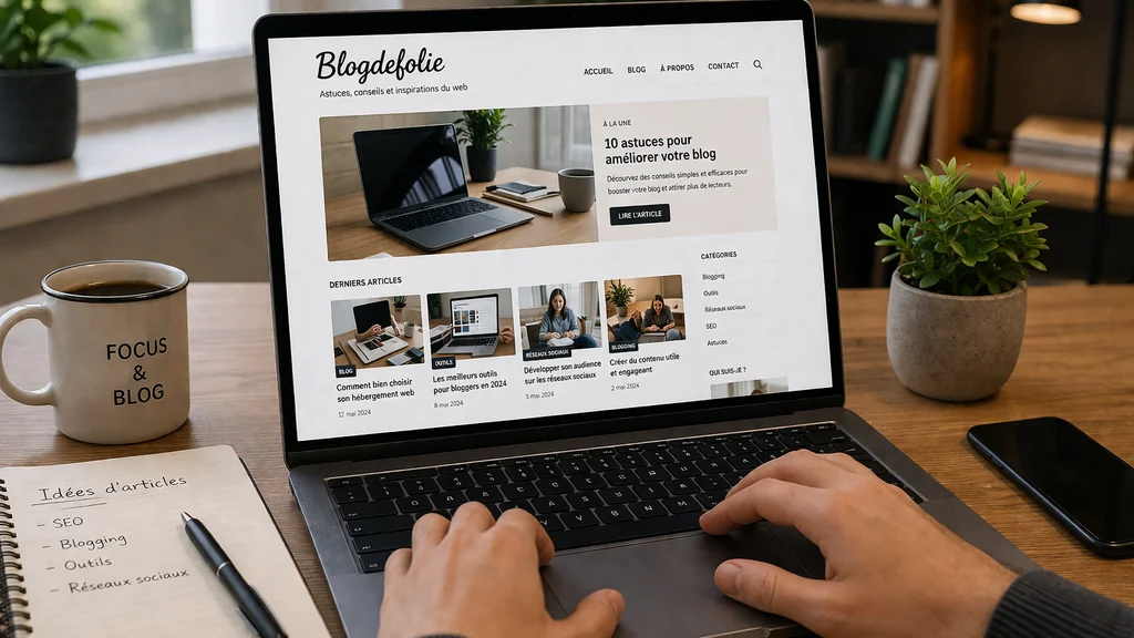 Personne travaillant sur un blog depuis un ordinateur portable dans un espace de bureau chaleureux avec carnet, café et plante.