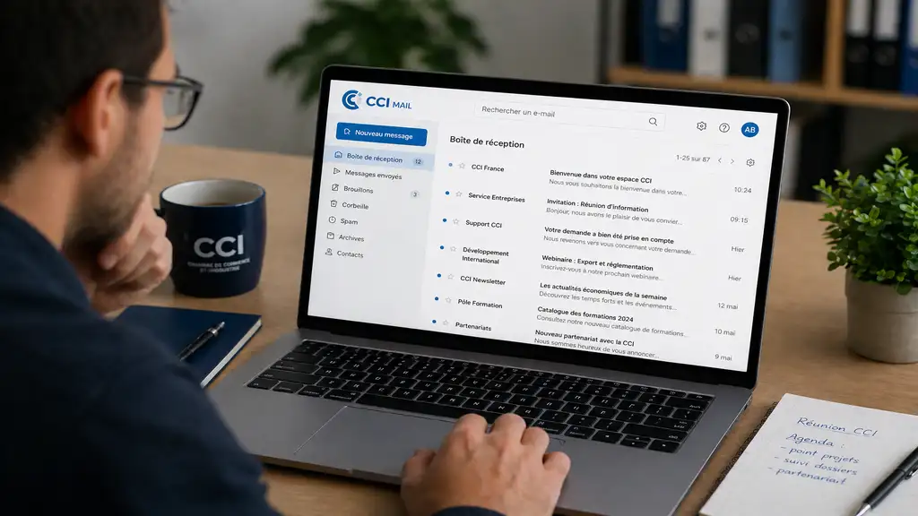 Utilisateur consultant une messagerie CCI Mail sur un ordinateur portable dans un bureau professionnel