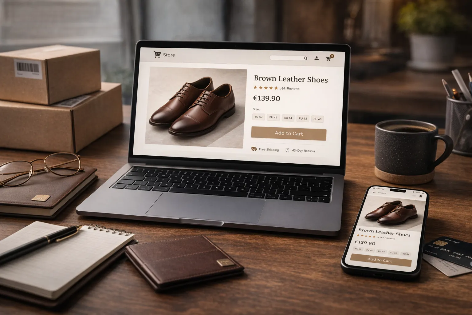 ordinateur portable et smartphone affichant une boutique en ligne sur un bureau avec colis et accessoires de travail dans une ambiance e-commerce réaliste