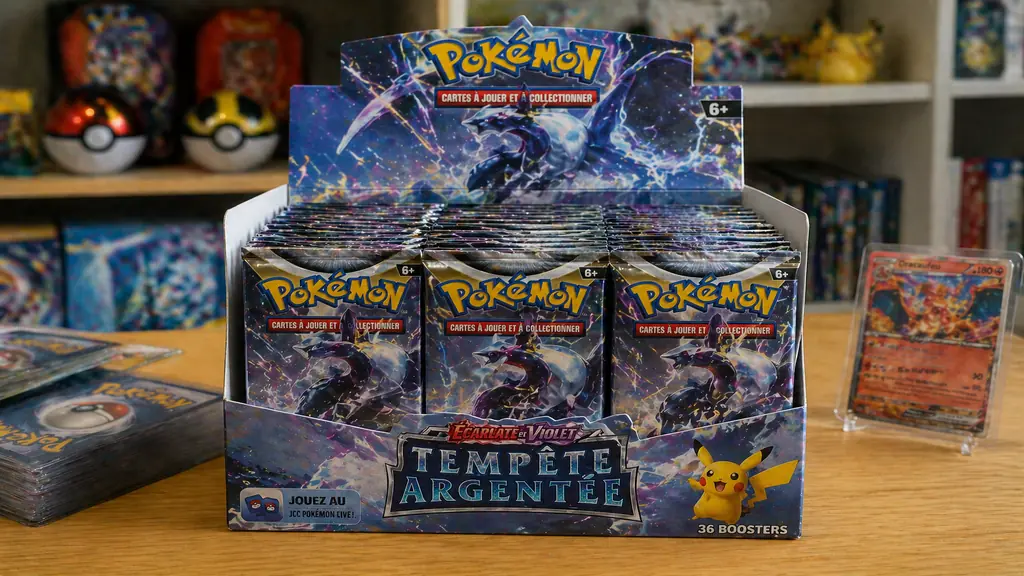 Display Pokémon avec boosters exposé sur une table dans un espace de collectionneur