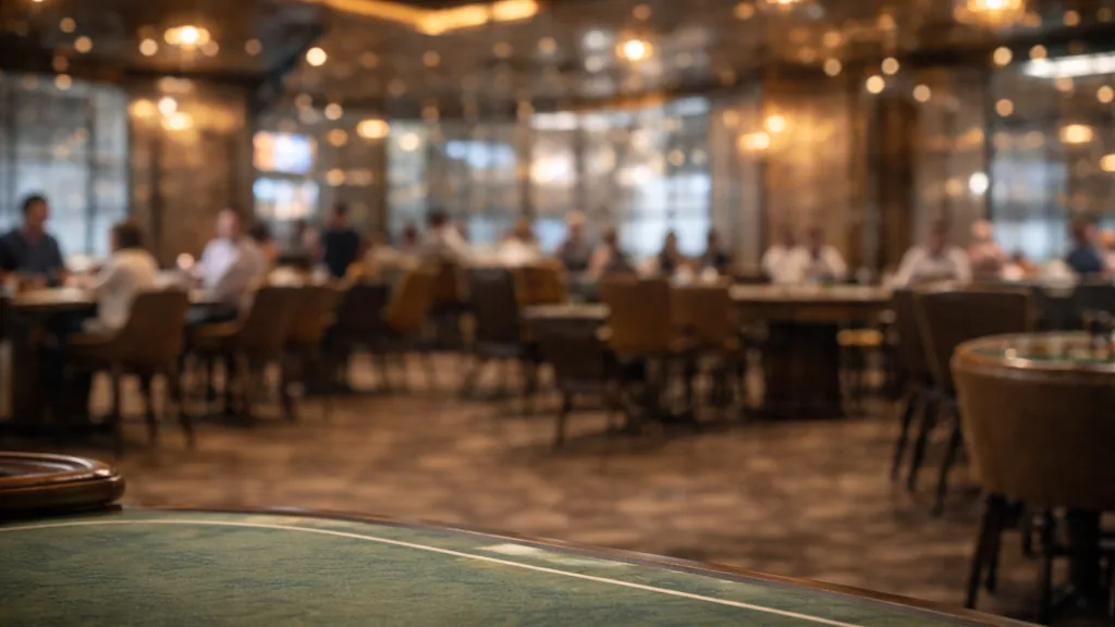 Intérieur feutré d’une salle de jeu élégante avec ambiance chaleureuse et tables en arrière-plan