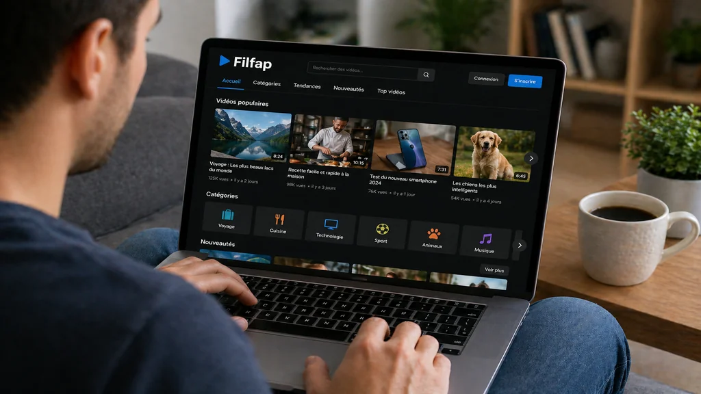 Personne consultant une plateforme de vidéos en ligne sur un ordinateur portable dans un salon moderne