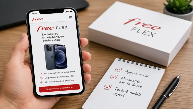 Smartphone acheté avec Free Flex posé sur un bureau moderne avec accessoires mobiles et paiement en plusieurs fois