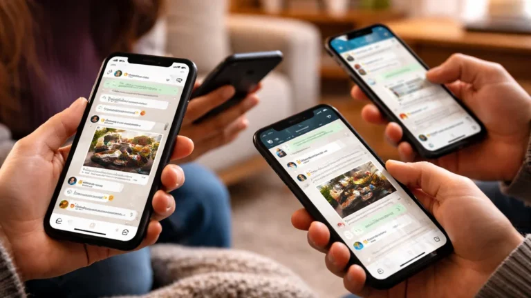 plusieurs personnes consultent leurs smartphones dans un salon chaleureux, illustrant les échanges en groupes privés et messageries plutôt que sur les réseaux publics