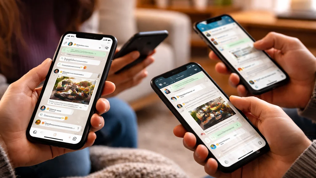 plusieurs personnes consultent leurs smartphones dans un salon chaleureux, illustrant les échanges en groupes privés et messageries plutôt que sur les réseaux publics