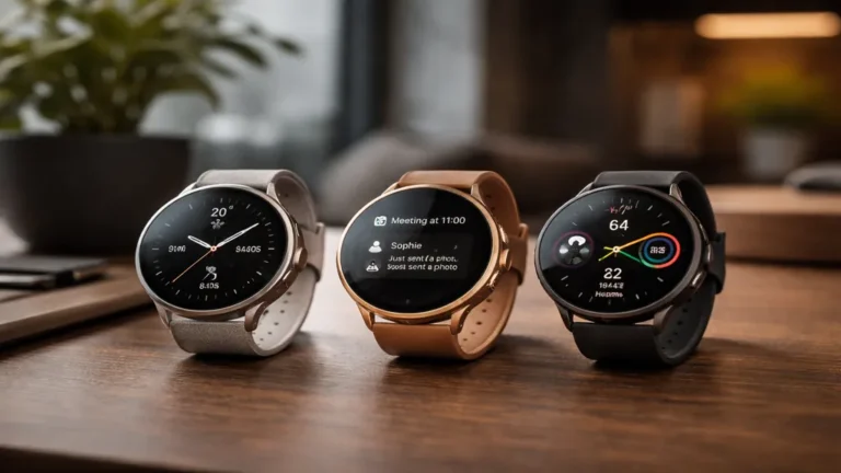 trois montres connectées modernes et discrètes posées sur une table en bois dans un intérieur élégant et lumineux