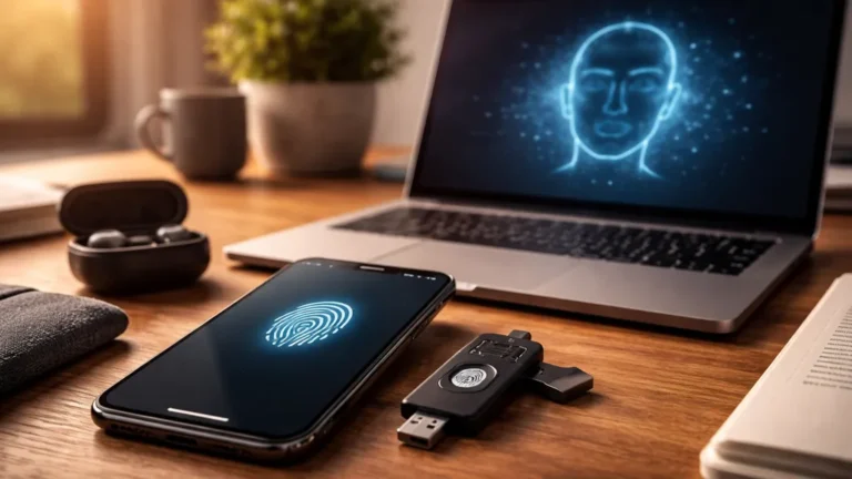 smartphone, clé de sécurité et ordinateur portable sur un bureau, illustrant le remplacement progressif des mots de passe par l’authentification sans mot de passe