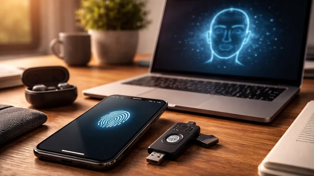 smartphone, clé de sécurité et ordinateur portable sur un bureau, illustrant le remplacement progressif des mots de passe par l’authentification sans mot de passe