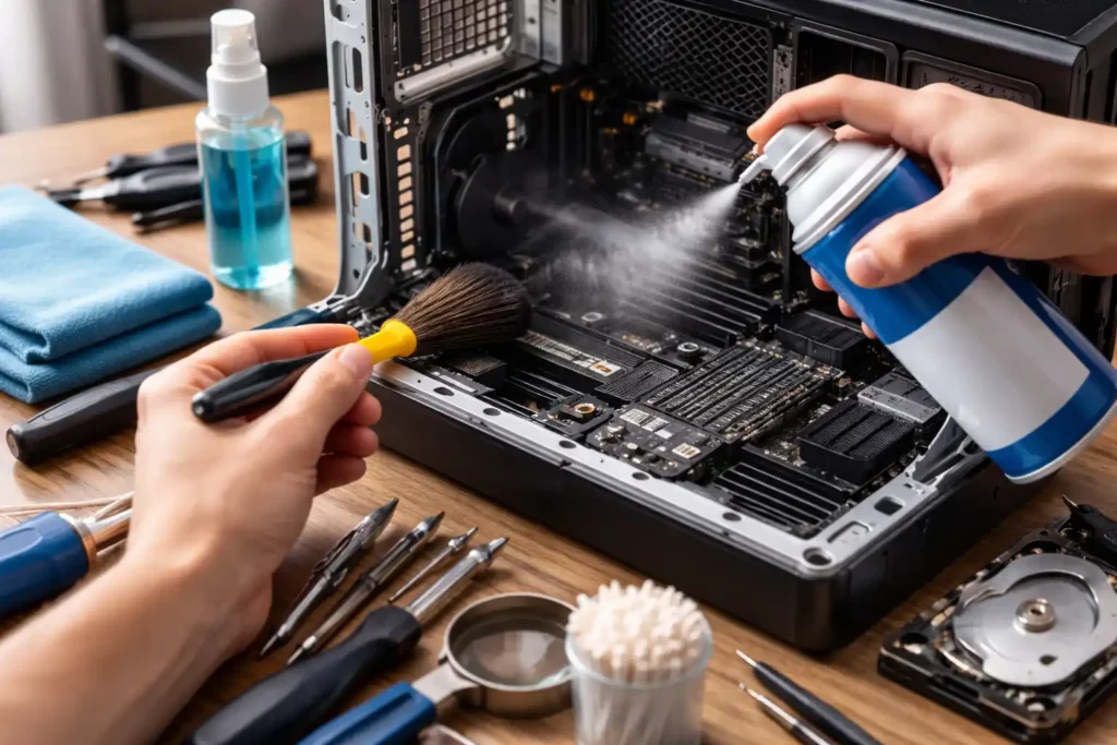 Nettoyage de l’intérieur d’un PC fixe avec bombe à air et pinceau pour retirer la poussière des composants
