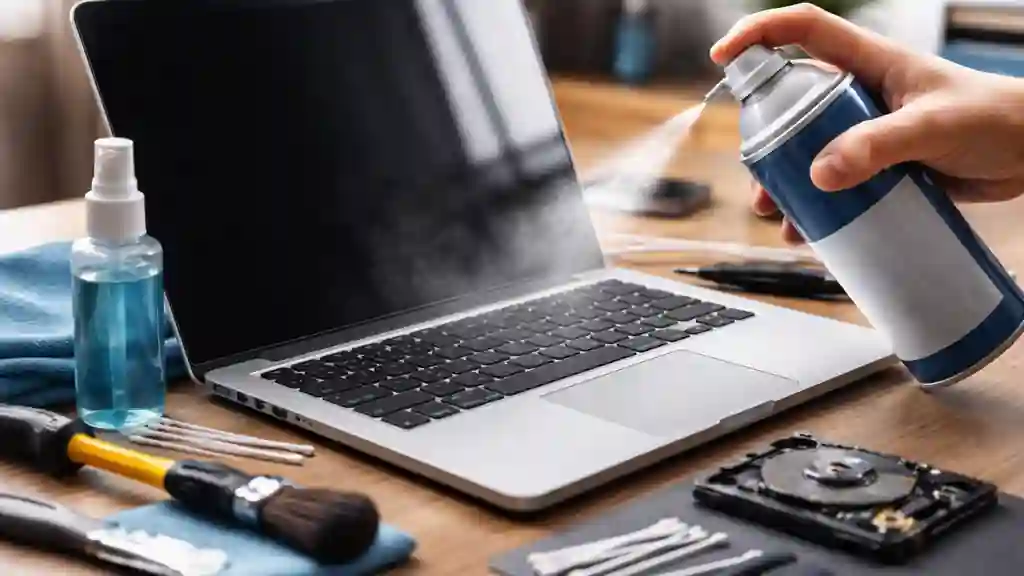 Nettoyage d’un ordinateur portable sur un bureau avec accessoires d’entretien pour améliorer les performances du PC