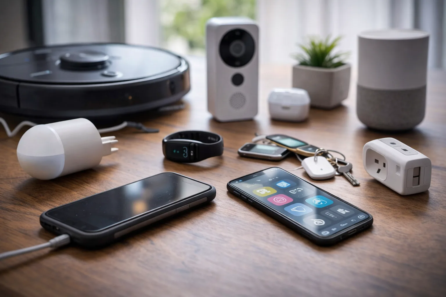 Objets connectés du quotidien posés sur une table, avec smartphone, aspirateur robot, sonnette vidéo et accessoires domotiques dans un intérieur moderne.