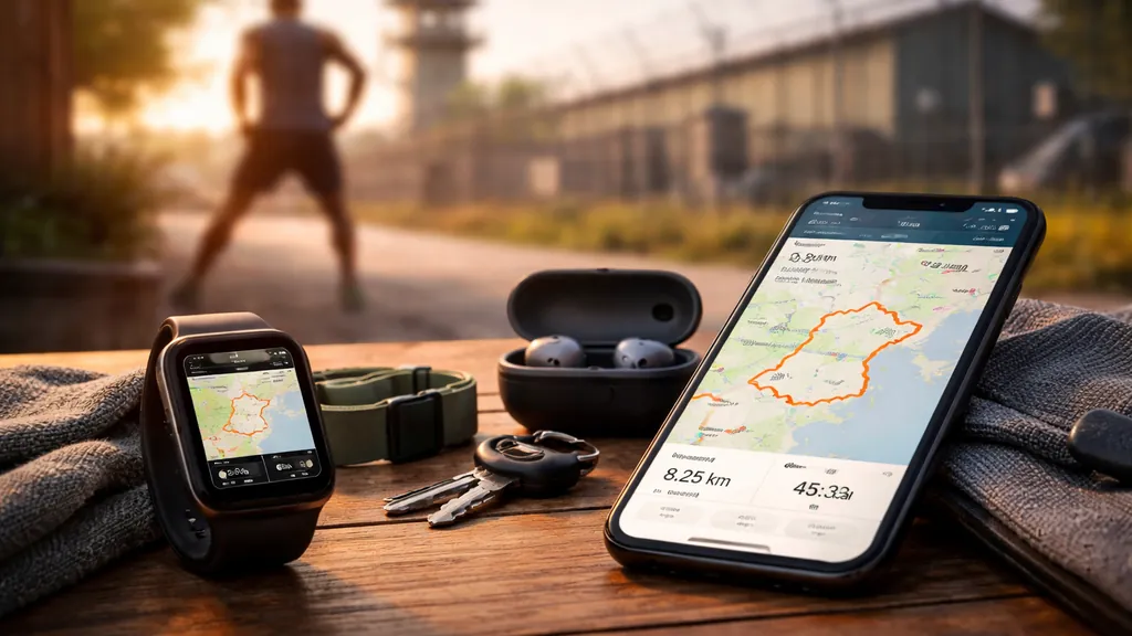 montre connectée, smartphone et écouteurs posés sur une table en extérieur avec un coureur flou en arrière-plan, illustrant les risques de géolocalisation des objets connectés