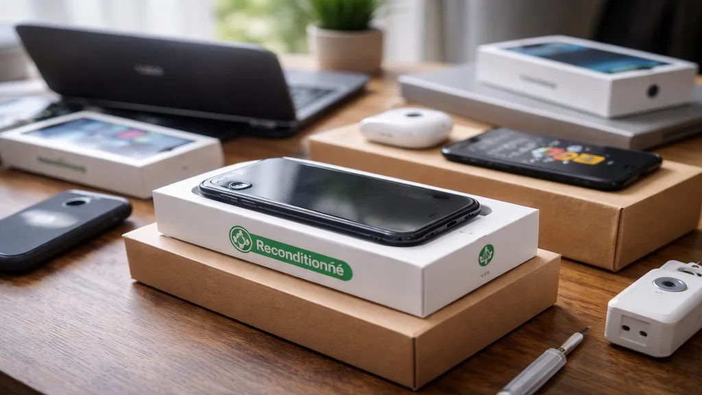 Smartphone et appareils électroniques reconditionnés posés sur leurs boîtes dans un intérieur lumineux, illustrant l’essor du reconditionné en France en 2026.