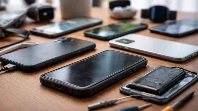 Smartphones récents et anciens posés sur une table, illustrant la tendance des Français à garder leur téléphone plus longtemps en 2026.