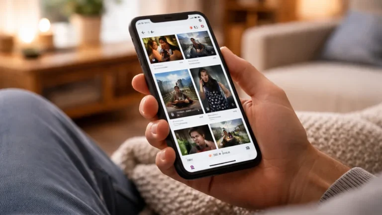 main tenant un smartphone avec un flux de contenu social dans un salon chaleureux, illustrant une consommation passive des réseaux sociaux