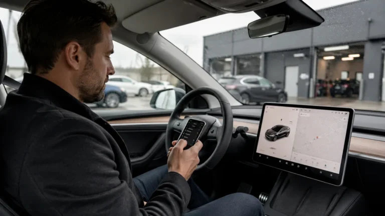 Conducteur assis dans une voiture électrique utilisant son smartphone pour contacter l’assistance, avec écran central de navigation visible et centre de service automobile en arrière-plan.