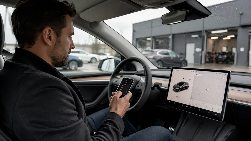 Conducteur assis dans une voiture électrique utilisant son smartphone pour contacter l’assistance, avec écran central de navigation visible et centre de service automobile en arrière-plan.