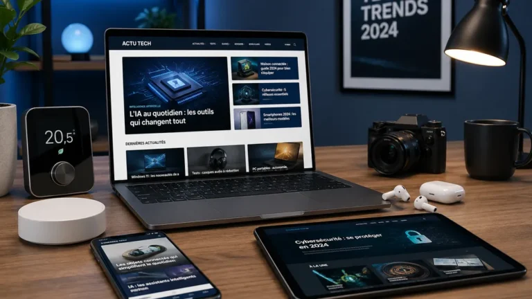 Bureau moderne dédié à l’actualité hightech avec ordinateur portable, smartphone, tablette et objets connectés dans une ambiance technologique réaliste.