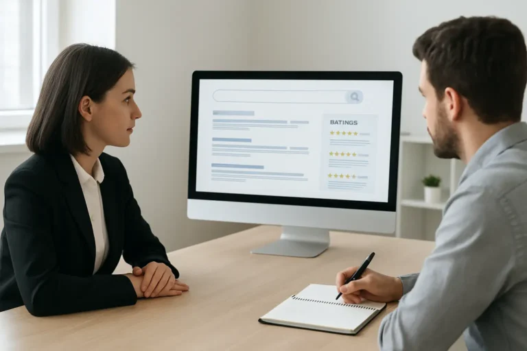 Réunion dans un bureau sur la gestion de réputation en ligne avec un écran d’ordinateur