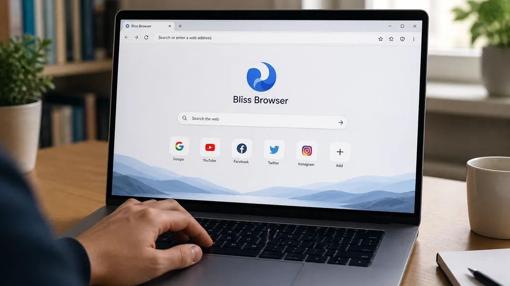 Utilisateur testant Bliss Browser sur un ordinateur portable dans un espace de travail moderne et lumineux.