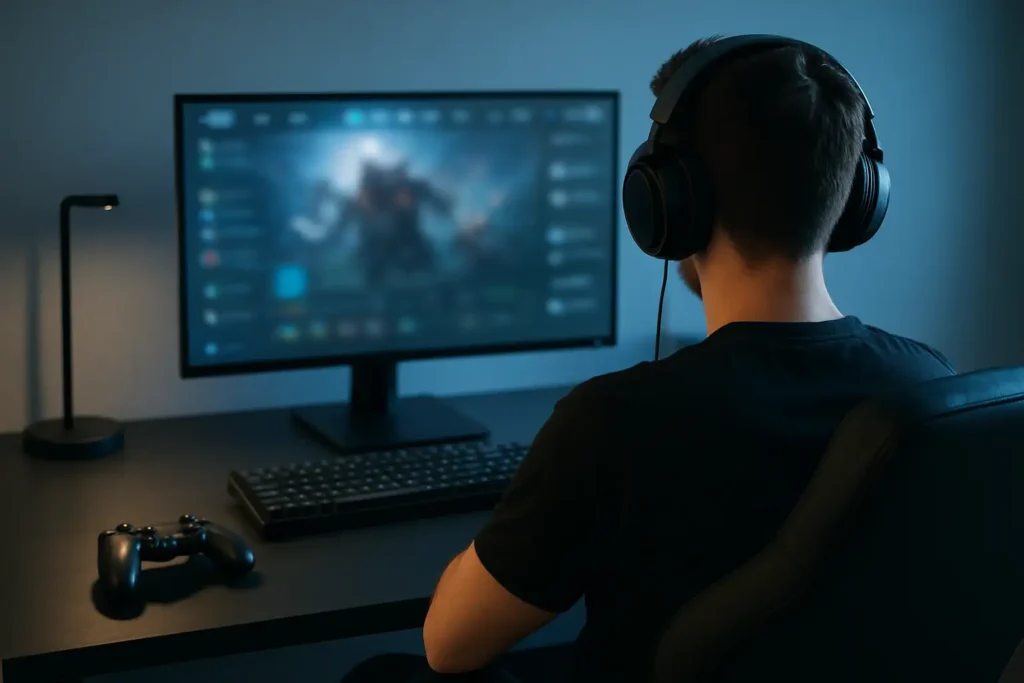 Bureau gaming avec écran de jeu flouté, manette et clavier, illustrant un article sur Canarticho et ses formes dans Pokémon