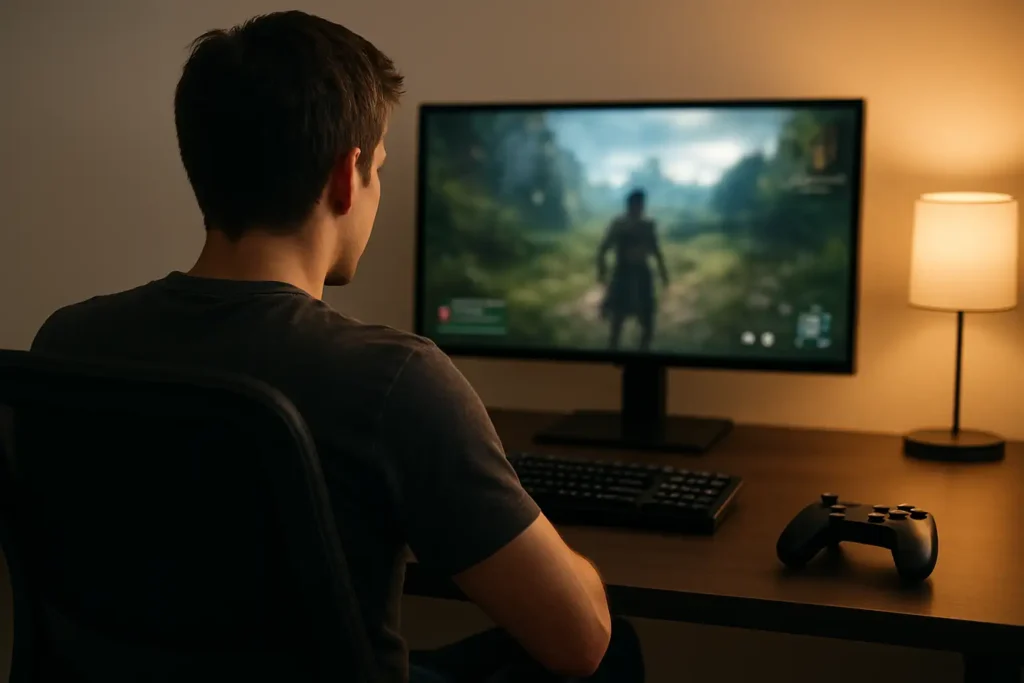 Joueur devant un setup gaming moderne avec un écran de jeu de rôle fantastique générique