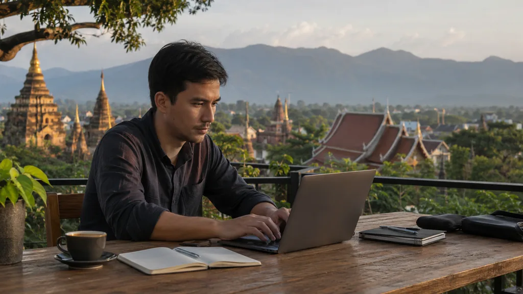 Consultant SEO travaillant sur ordinateur portable depuis une terrasse à Chiang Mai avec vue sur les temples et les montagnes.