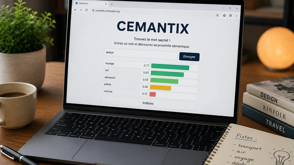 Ordinateur affichant un jeu de proximité sémantique avec des indices pour trouver la solution Cemantix du jour.