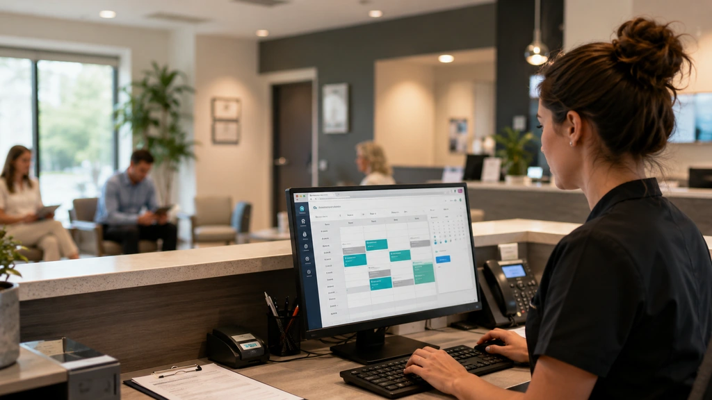 Réception moderne avec agenda de rendez-vous en ligne affiché sur ordinateur pour gérer les réservations clients.