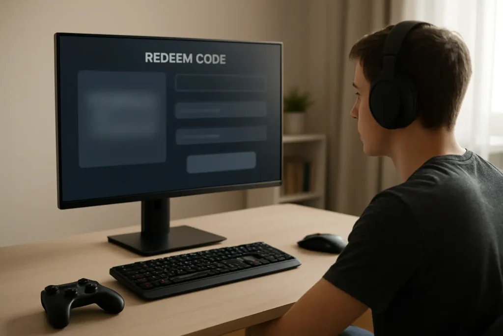 Joueur devant un écran avec une page de saisie de code Genshin